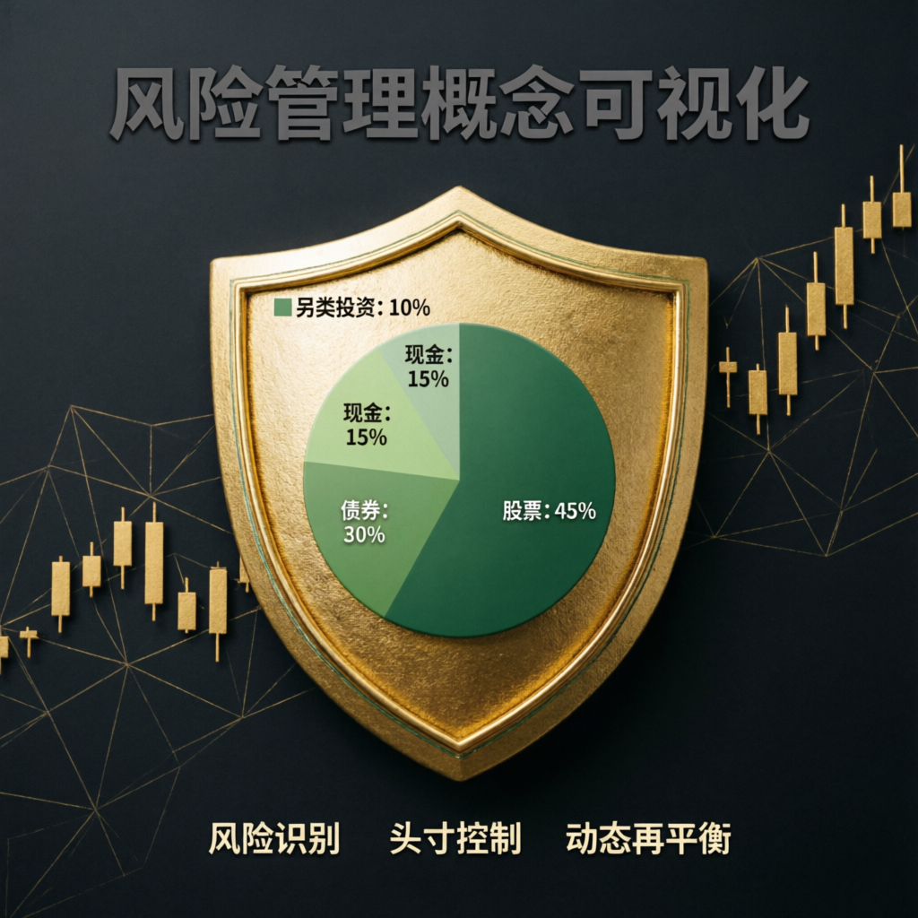 Risk management concept with shield protecting trading capital and portfolio allocation