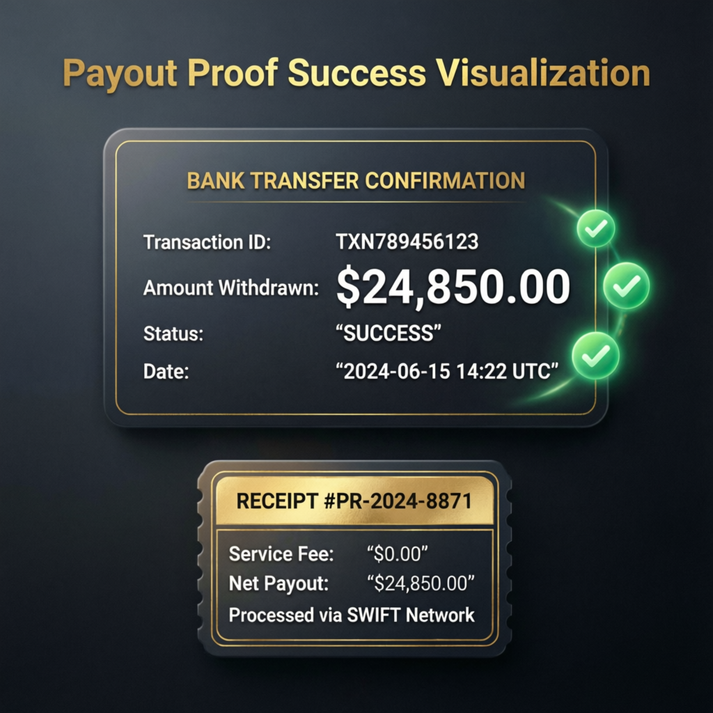 Payout proof success visualization showing bank transfer confirmation and profit withdrawal