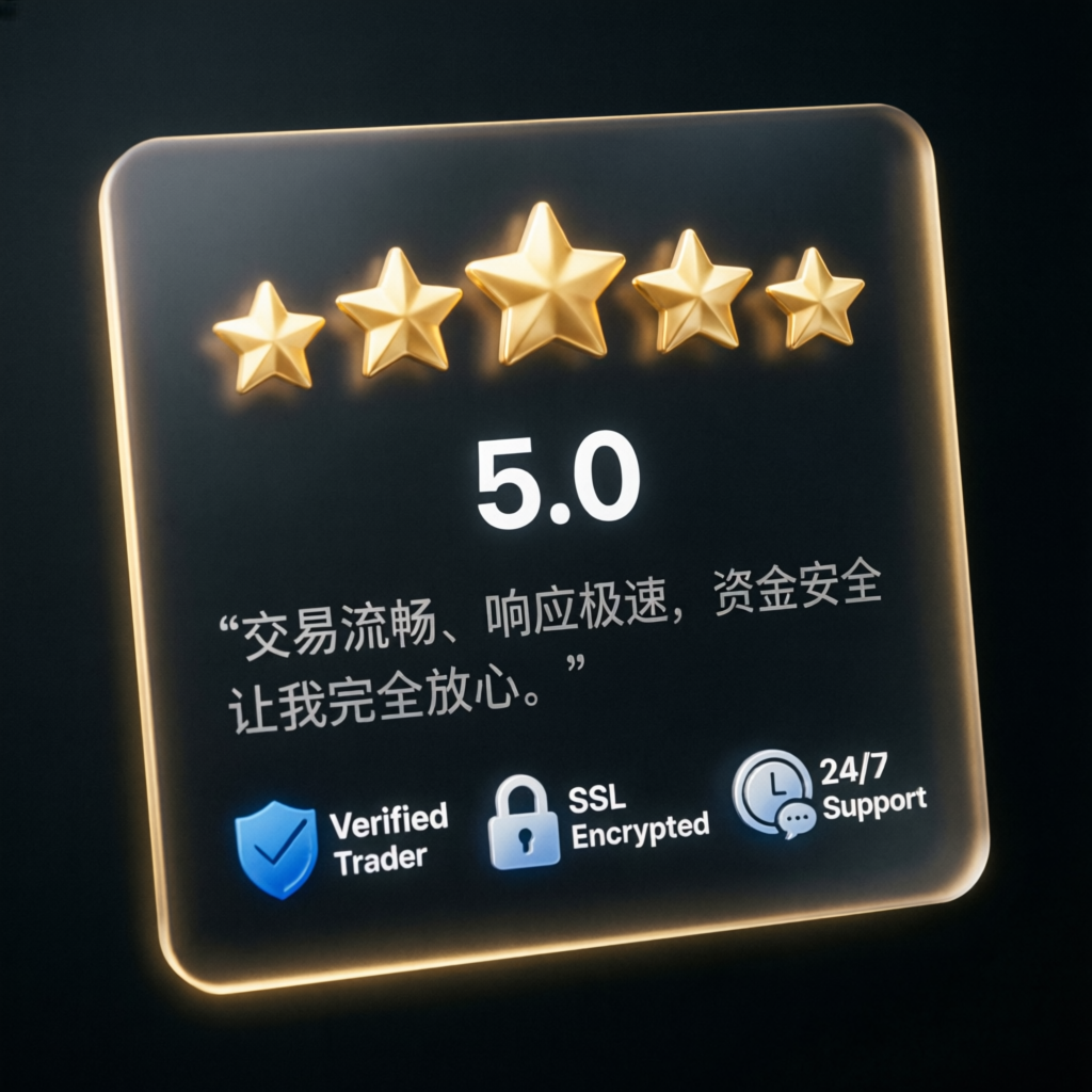 Five star review testimonial showing verified trader feedback and trust badges