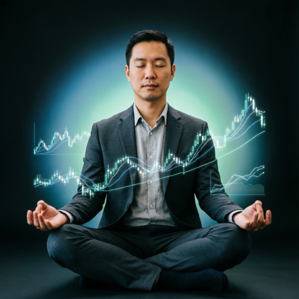 Trader practicing mindfulness and trading psychology with floating charts