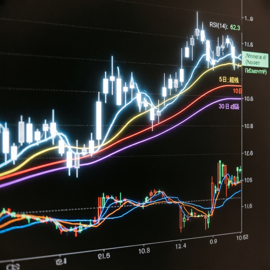 Professional trading strategy visualization with candlestick charts and technical indicators for Apex 100K