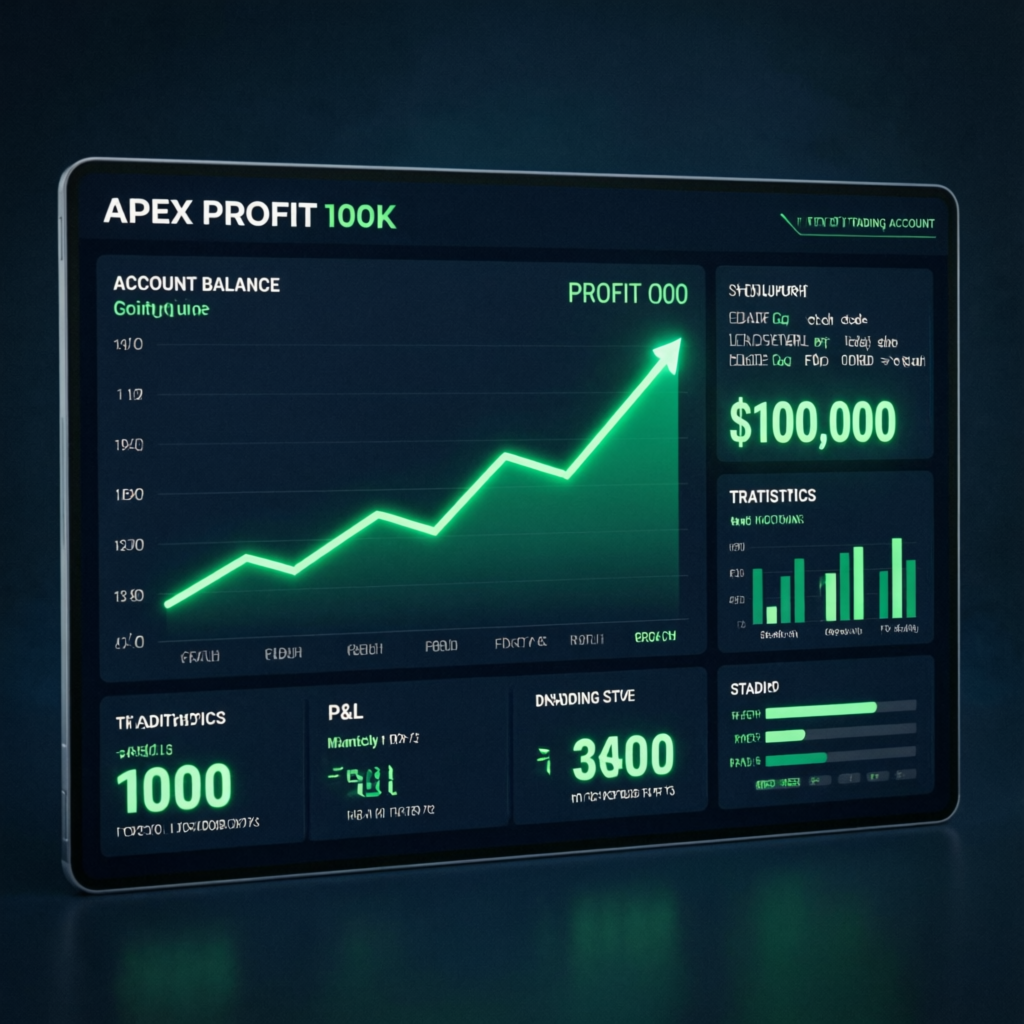 Apex 100K funded trading account dashboard showing profit metrics and account balance