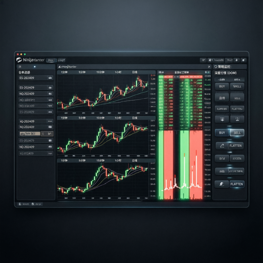 NinjaTrader trading platform interface showing futures charts and order flow