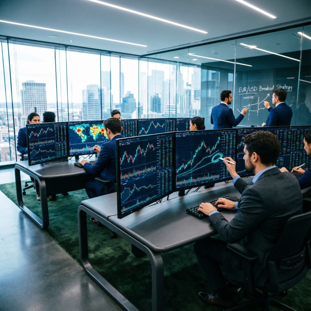 Professional trading team working on multiple monitors in modern fintech office
