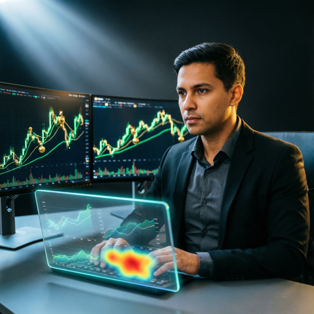 Professional forex trader analyzing Apex 100K account charts on multiple monitors