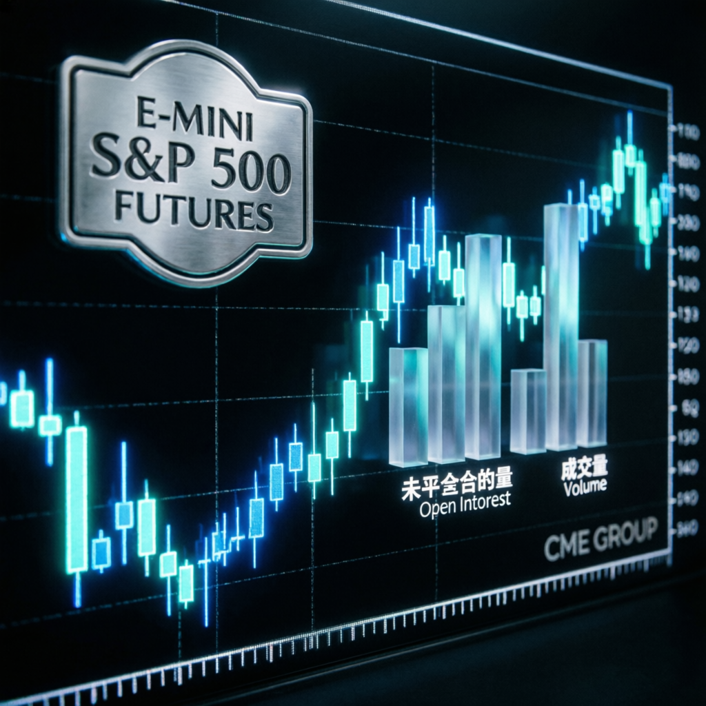 E-mini S&P 500 futures trading chart showing volume and open interest