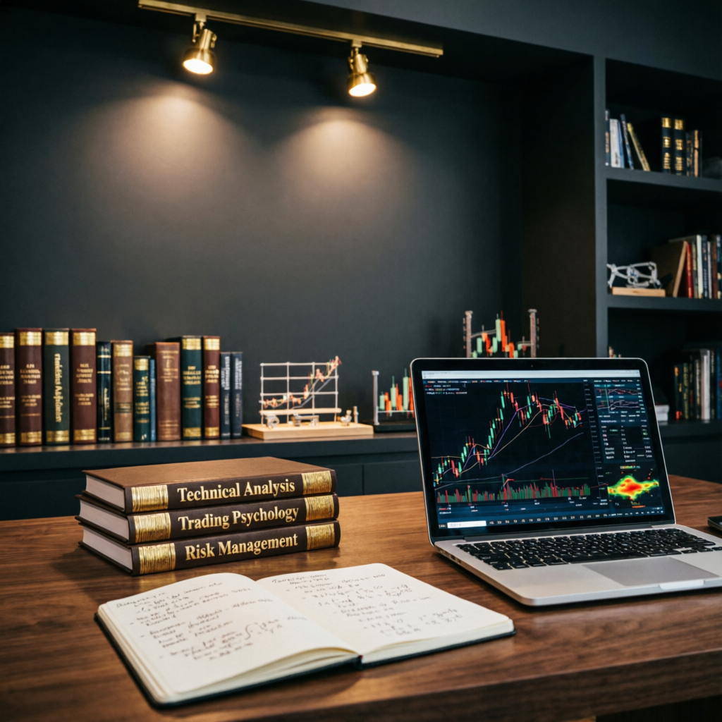 Trading education resources with technical analysis books and laptop showing charts