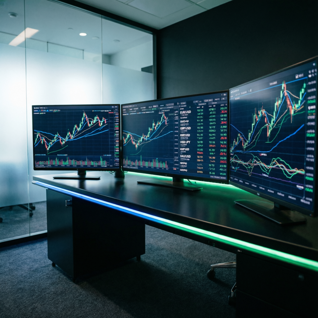 Professional forex trading analysis workspace with multiple screens showing candlestick charts for Topstep futures trading