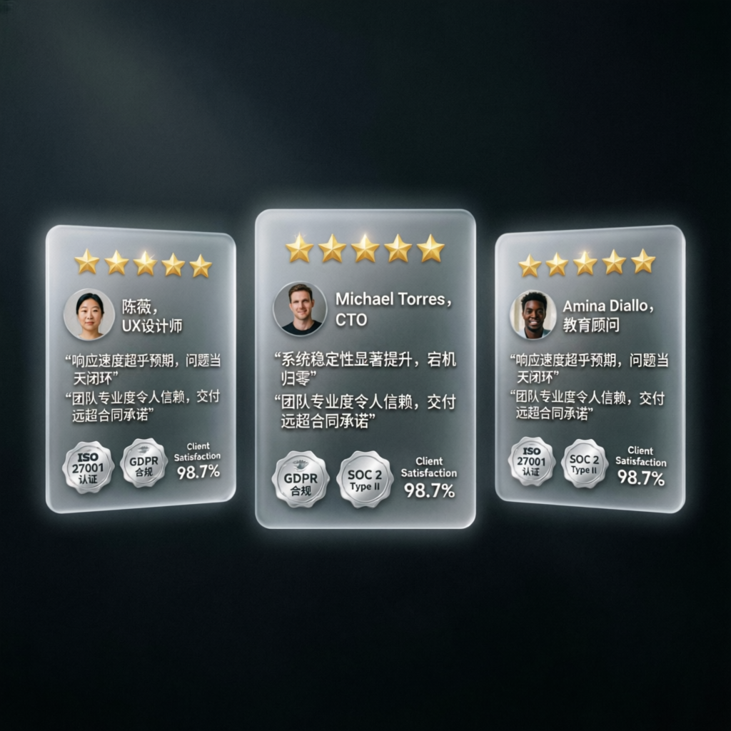 Client testimonial review cards with 5-star ratings for prop firm passing service