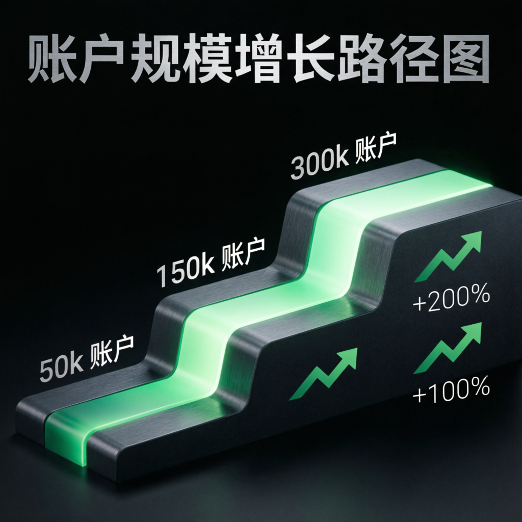 Account scaling plan visualization showing progression from 50k to 150k to 300k trading accounts