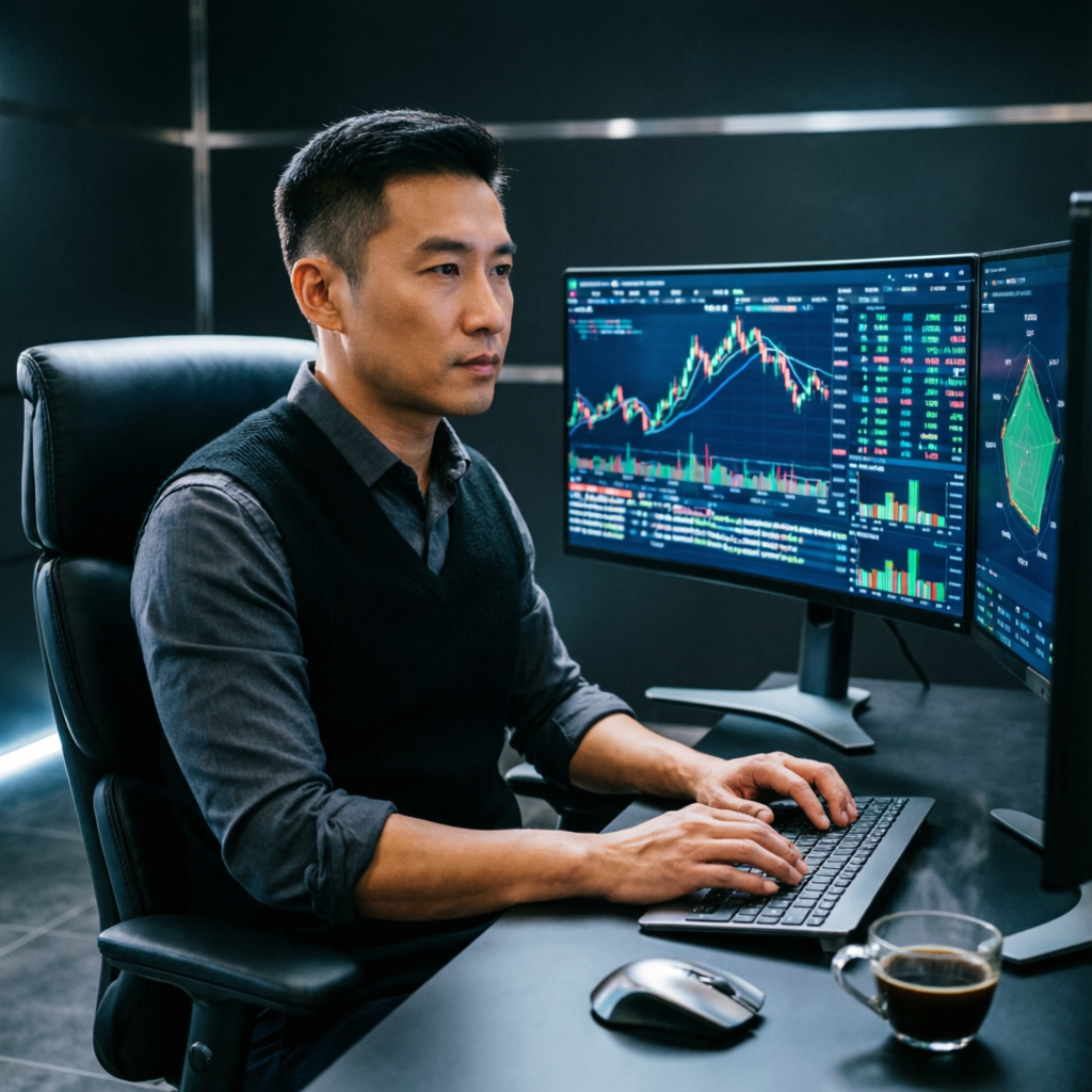 Professional forex trader analyzing Topstep futures charts on multiple monitors