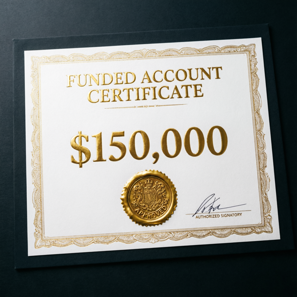 Funded account certificate showing $150,000 Topstep approval