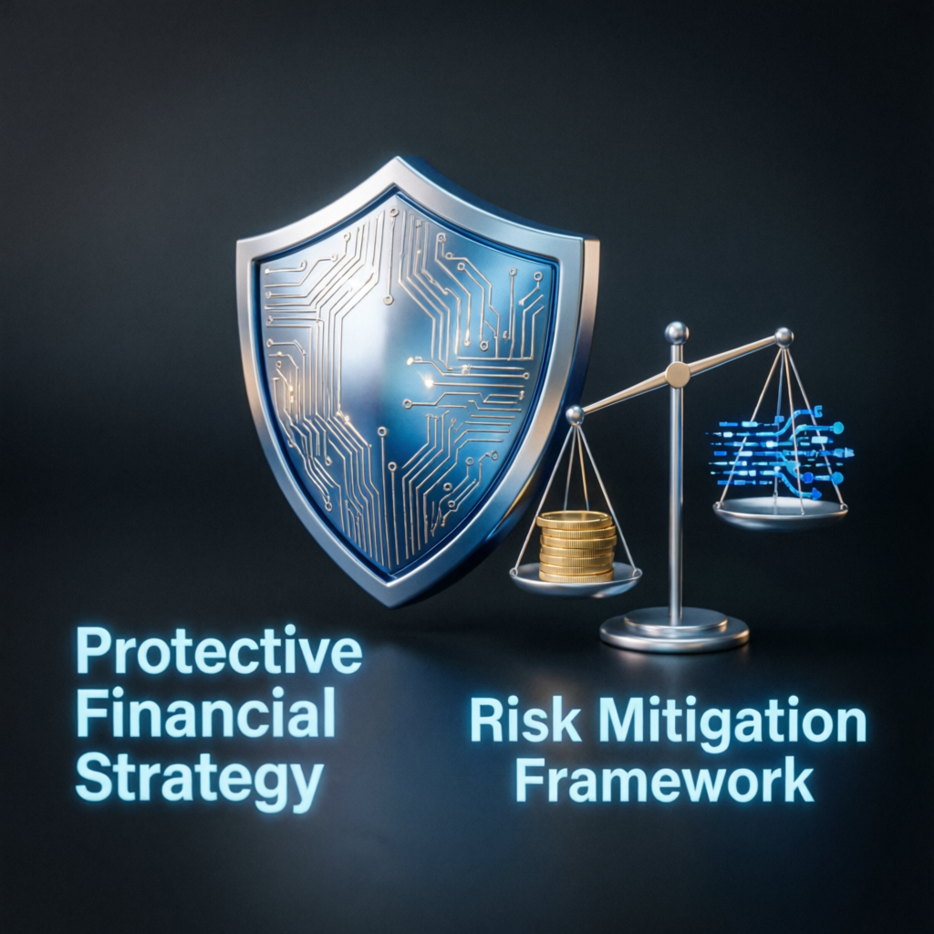 Risk management framework with protective shield and balance scale for Topstep trading