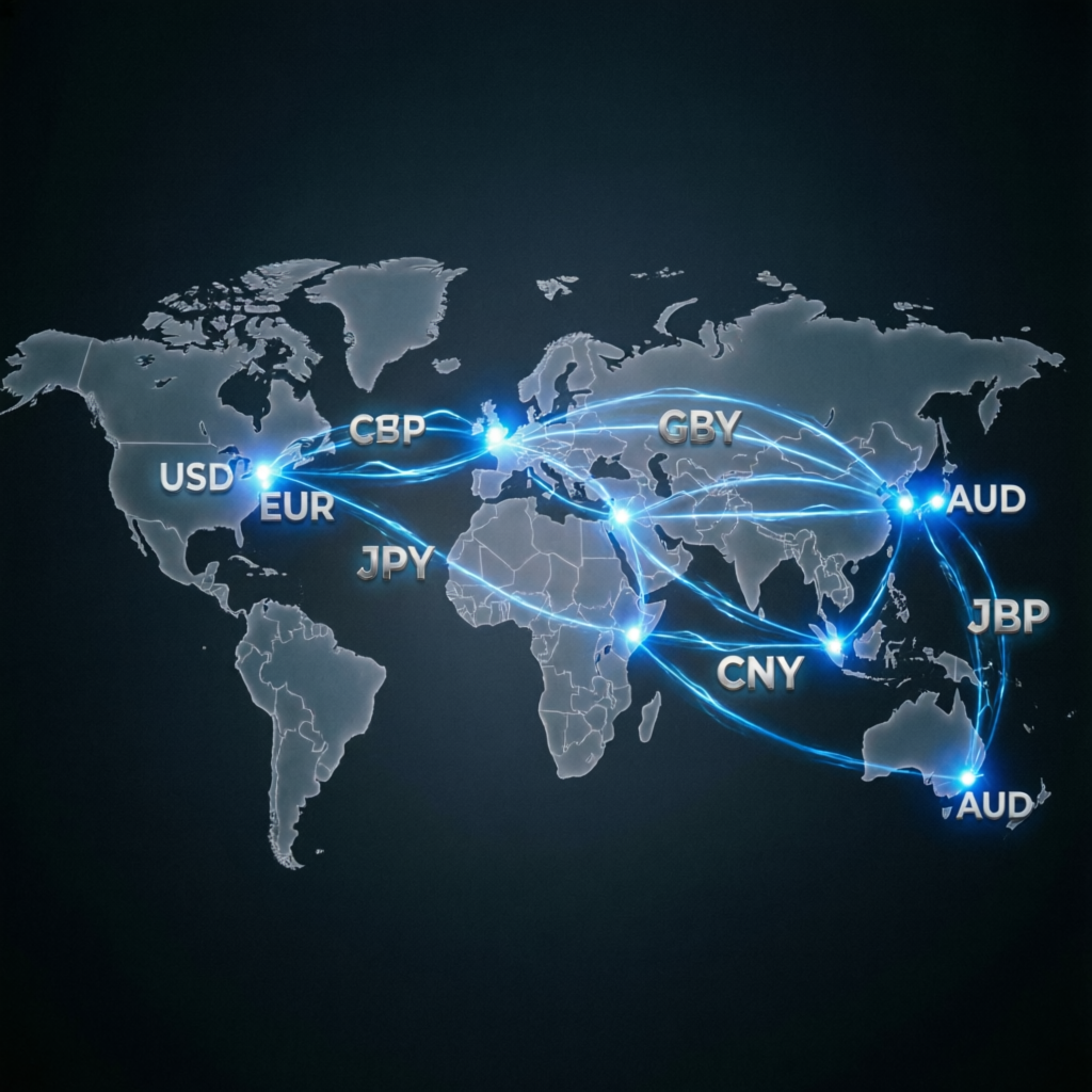 Global forex trading network showing worldwide currency connections