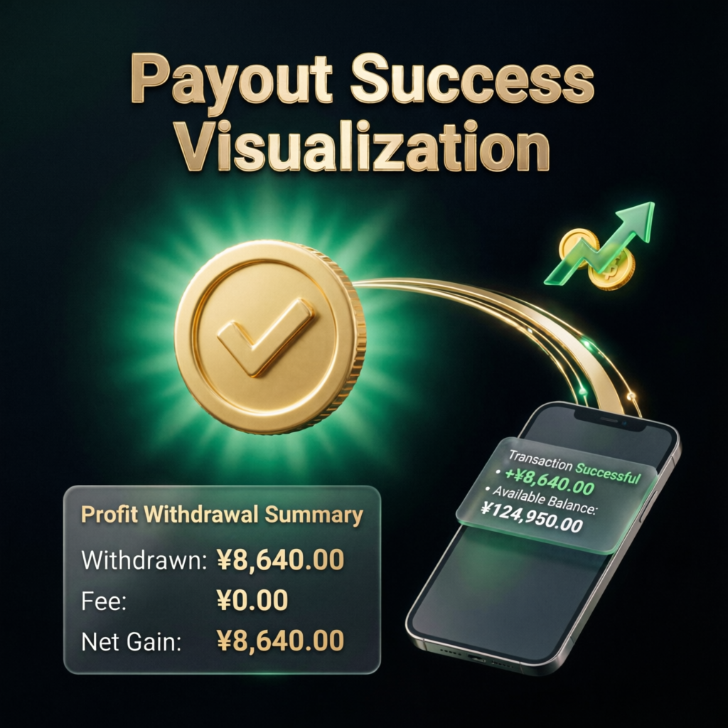Payout success visualization showing profit withdrawal and transaction confirmation