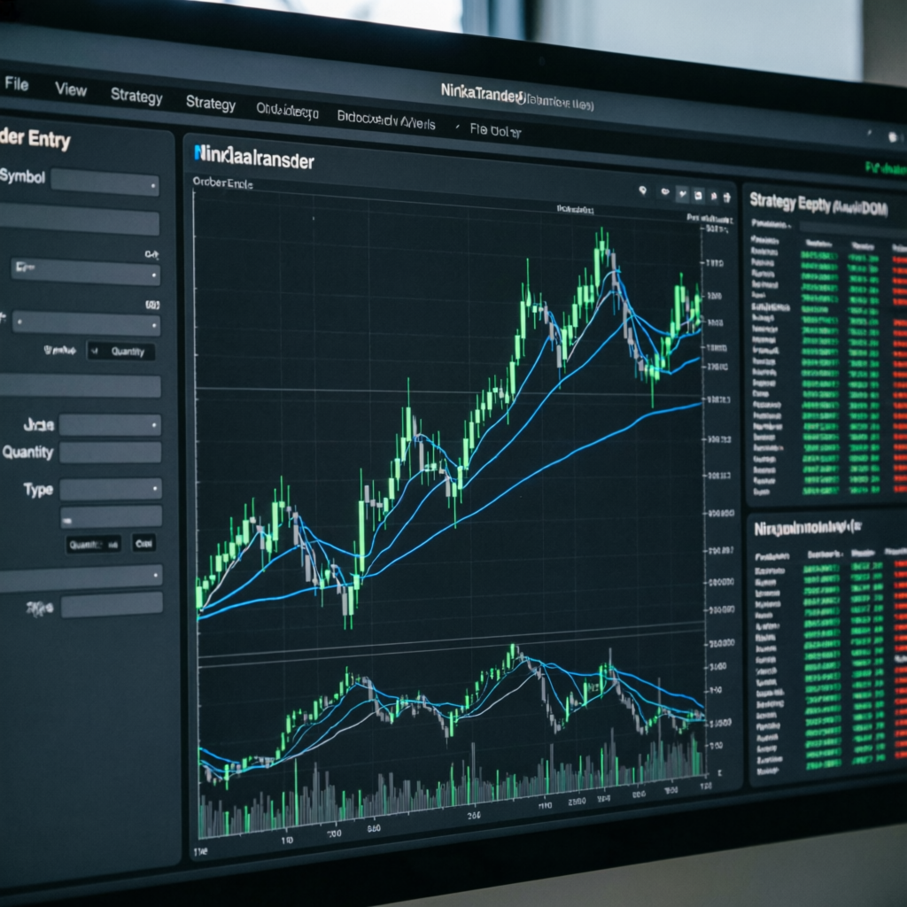 NinjaTrader platform interface showing futures trading charts for Apex Trader Funding