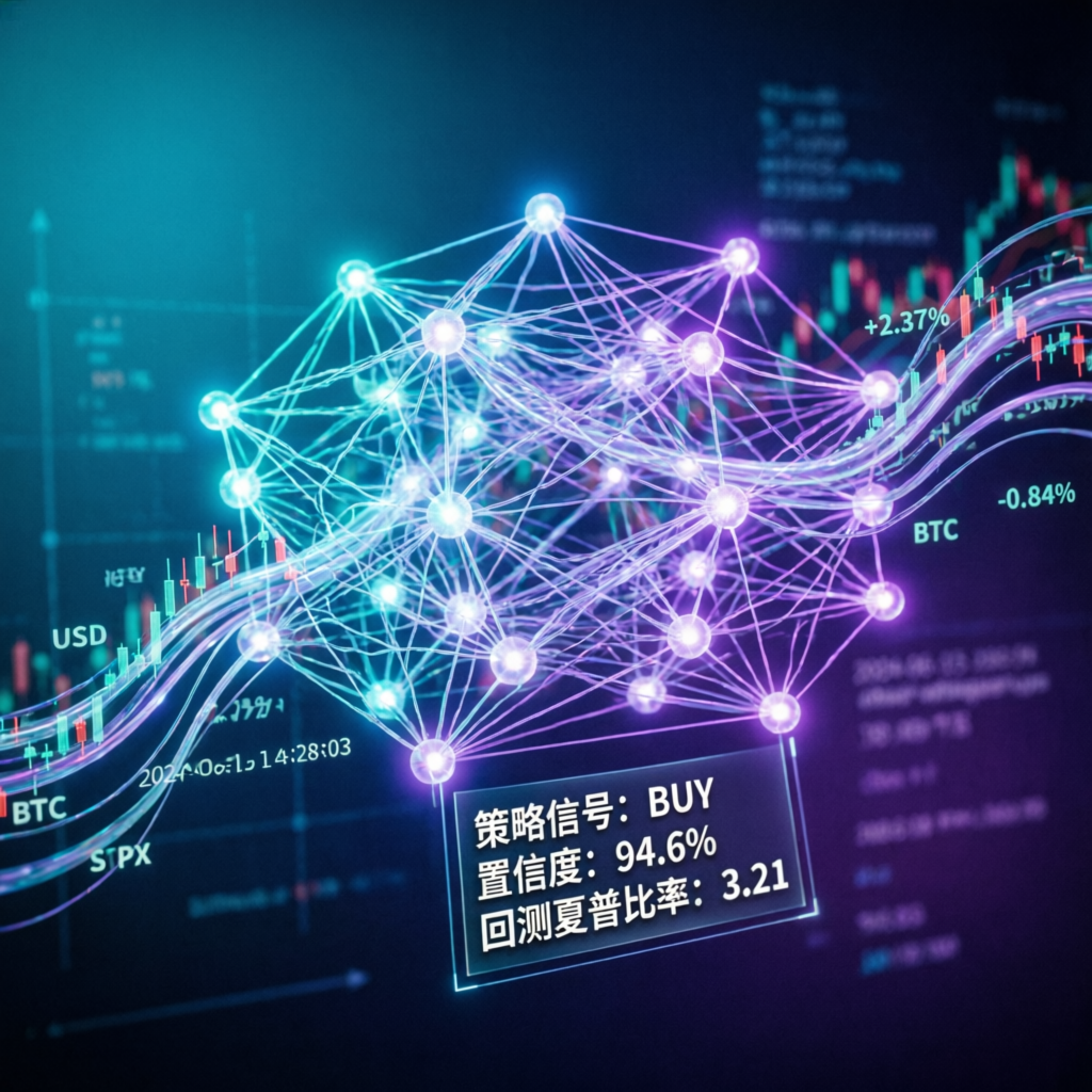 AI neural network analyzing trading strategy signals with BUY recommendation