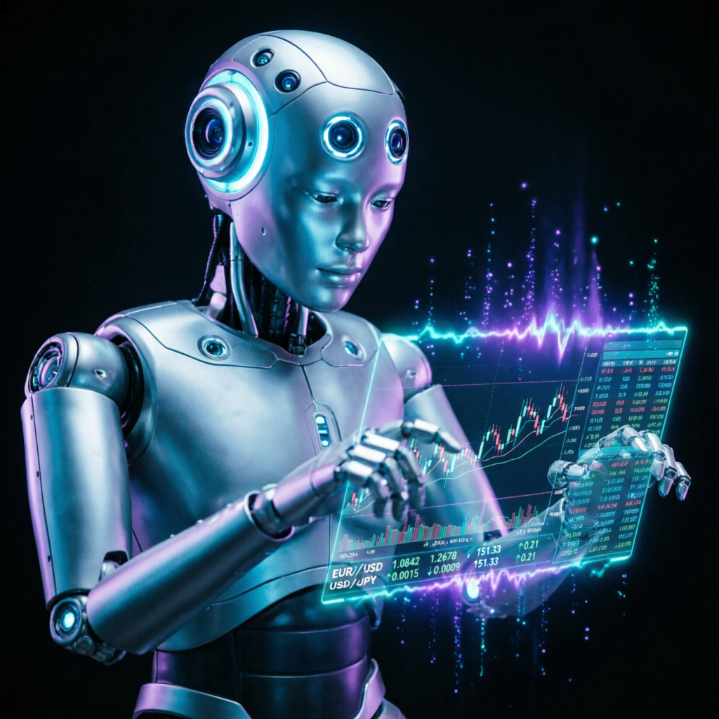 AI robot analyzing Apex Trader Funding market data with holographic interface