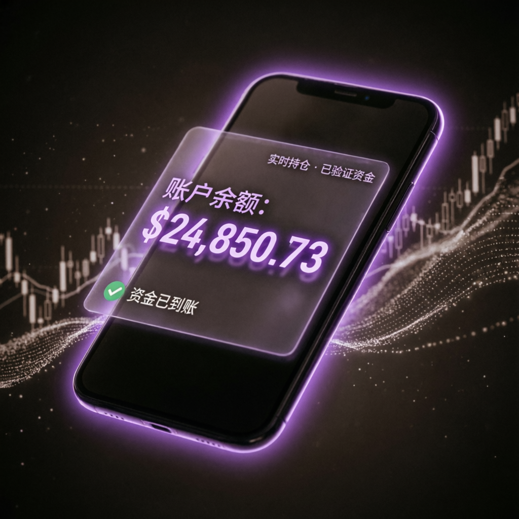 Mobile trading app showing funded account balance with purple neon glow
