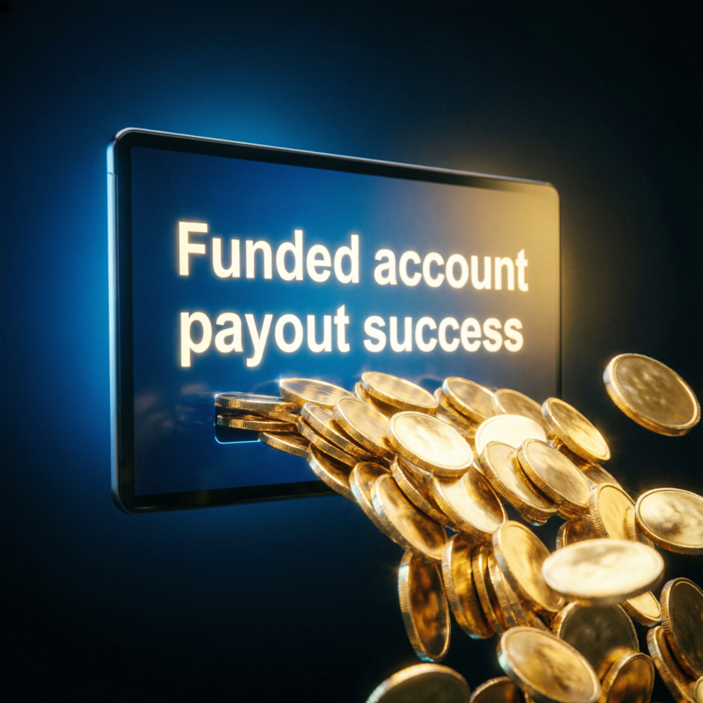 Funded account payout success with gold coins flowing from digital screen