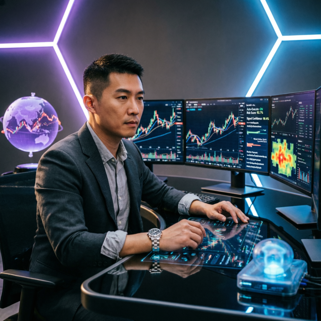 Professional forex trader managing multiple Apex funded accounts with AI automation
