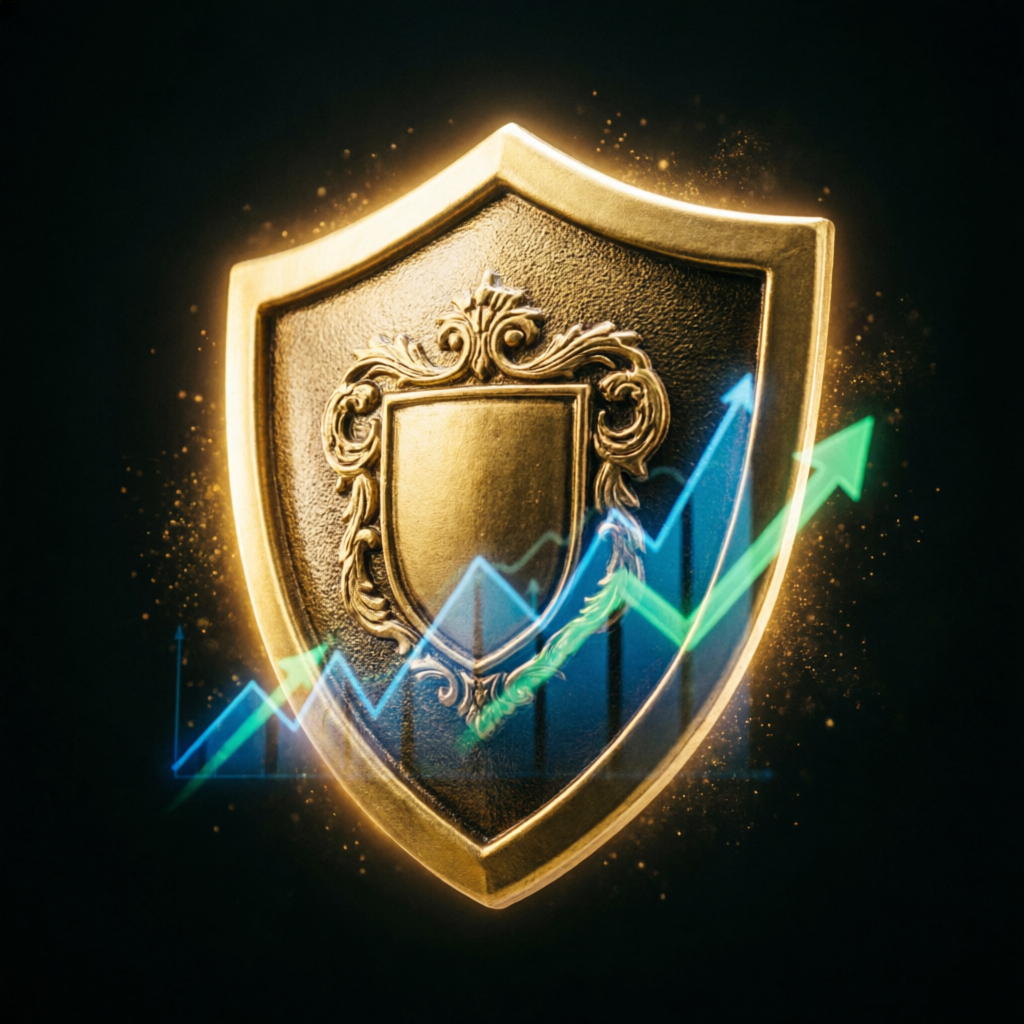 Golden shield protecting trading capital representing risk management and account security