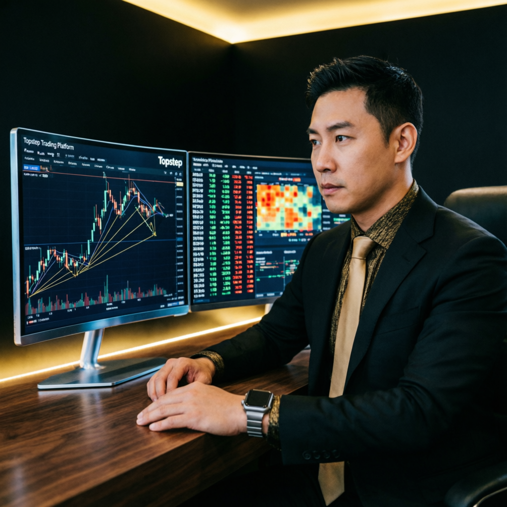 Professional forex trader analyzing Topstep trading platform with multiple charts