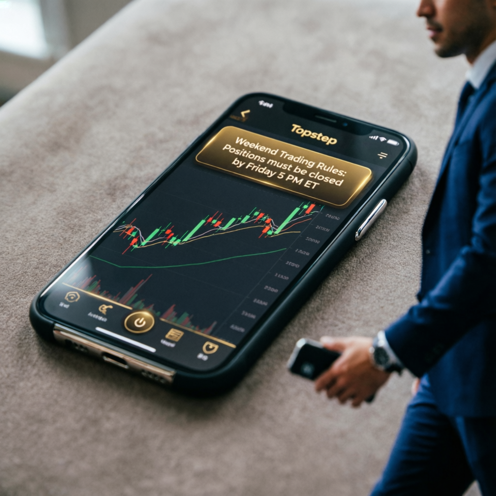 Mobile phone showing Topstep weekend trading rules notification