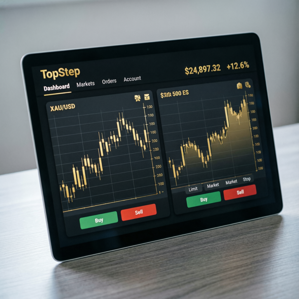 Topstep trading platform dashboard showing futures charts and account management interface