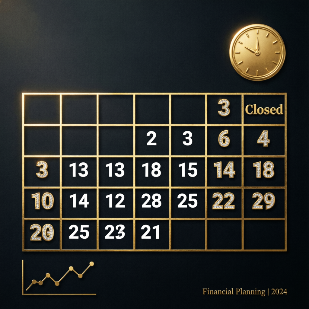 Trading calendar showing weekend market closure with gold and black premium design