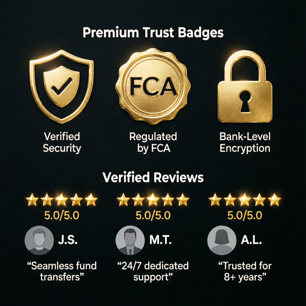 Premium trust badges and verified reviews showing 5-star ratings