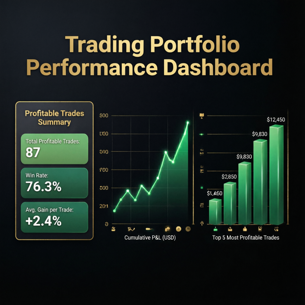Trading portfolio performance dashboard showing profitable trades and cumulative P&L