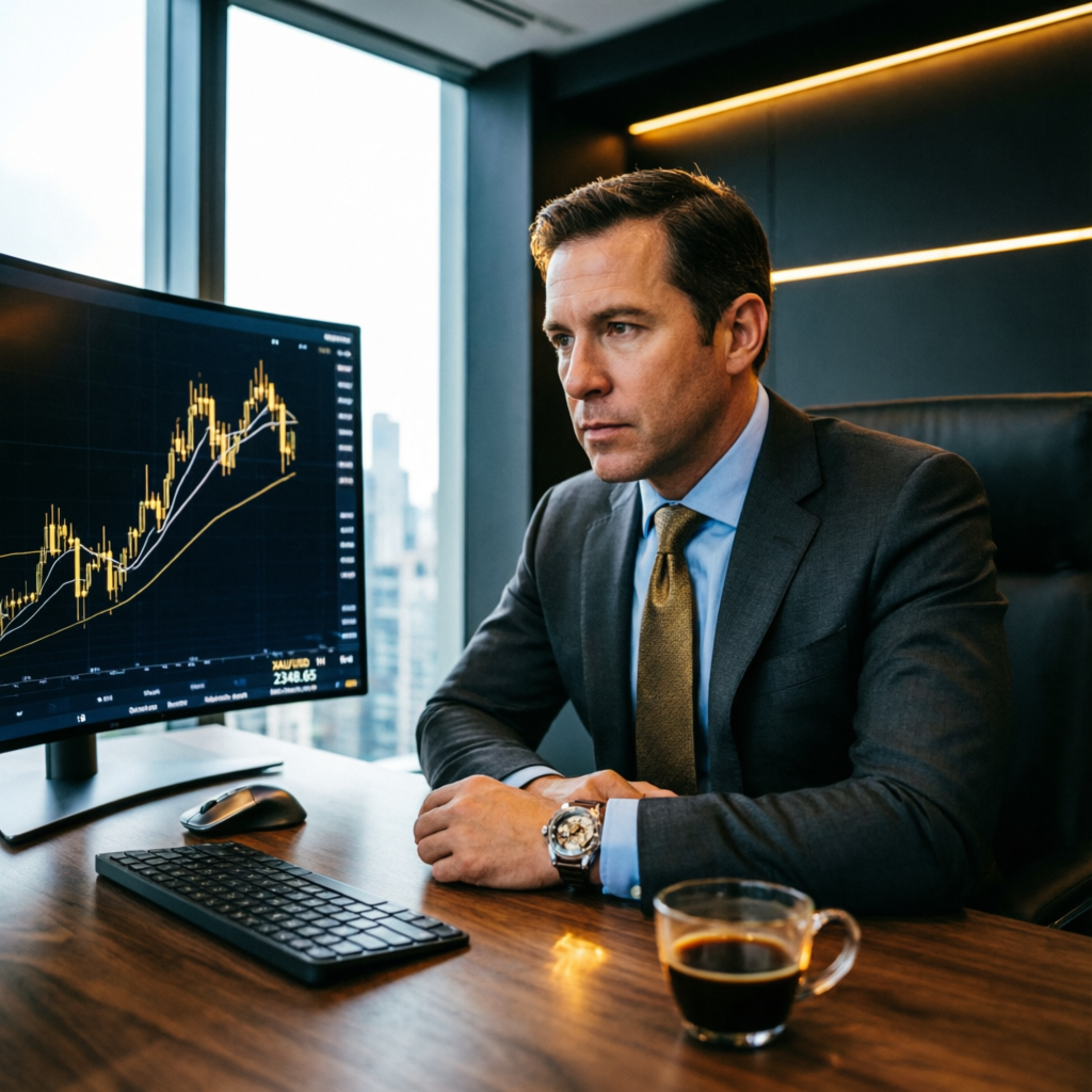 Professional forex trader analyzing gold XAUUSD chart in luxury office