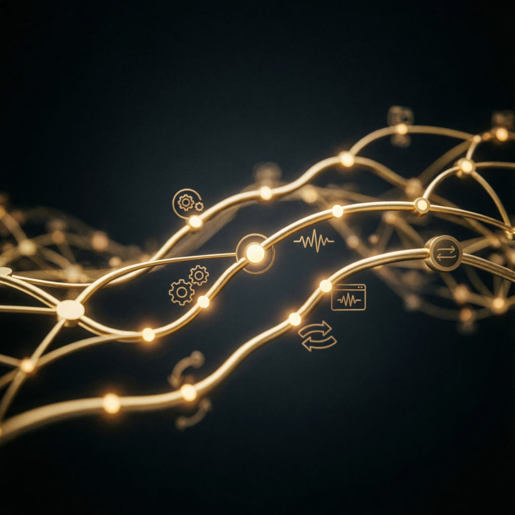 Golden network visualization showing platform connectivity and trading integration