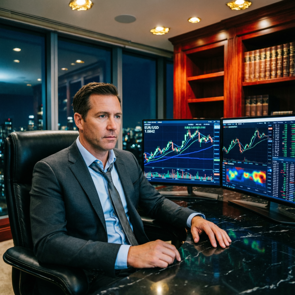 Professional trader in luxury office analyzing forex and futures markets on multiple screens