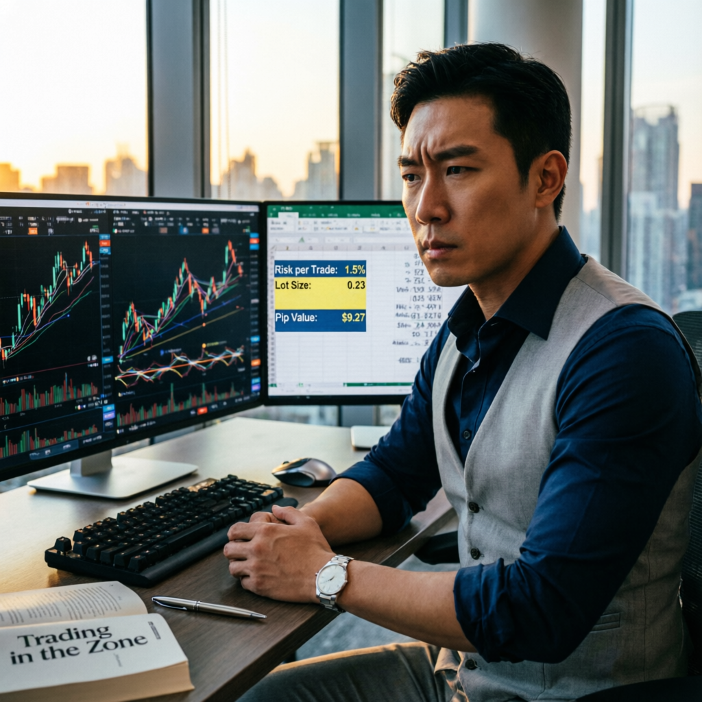 Forex trader analyzing pip value calculations and risk management