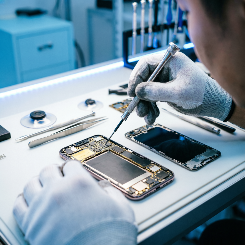 Técnico realizando reparo em smartphone