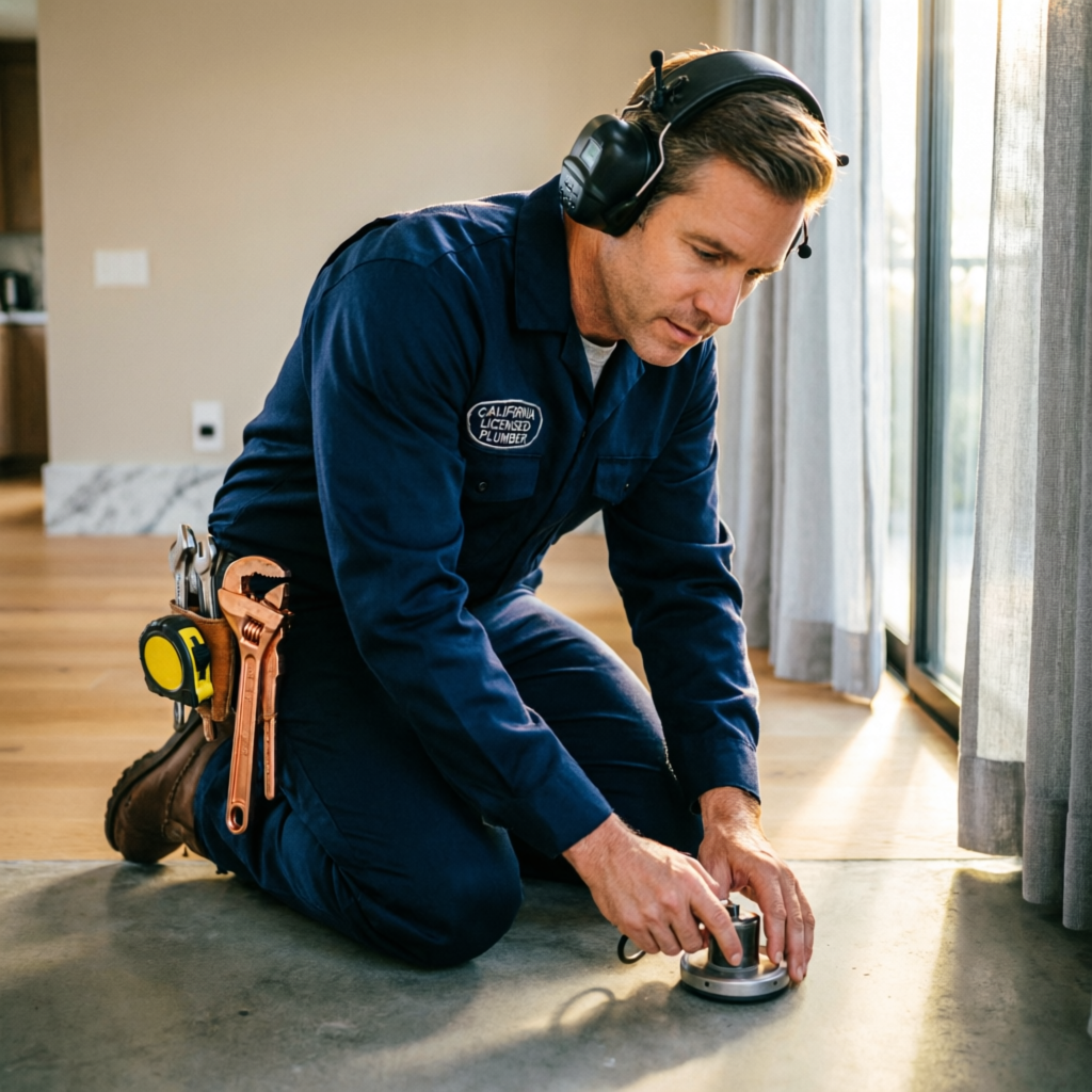 Pacific Line technician performing electronic slab leak detection on a Los Angeles home