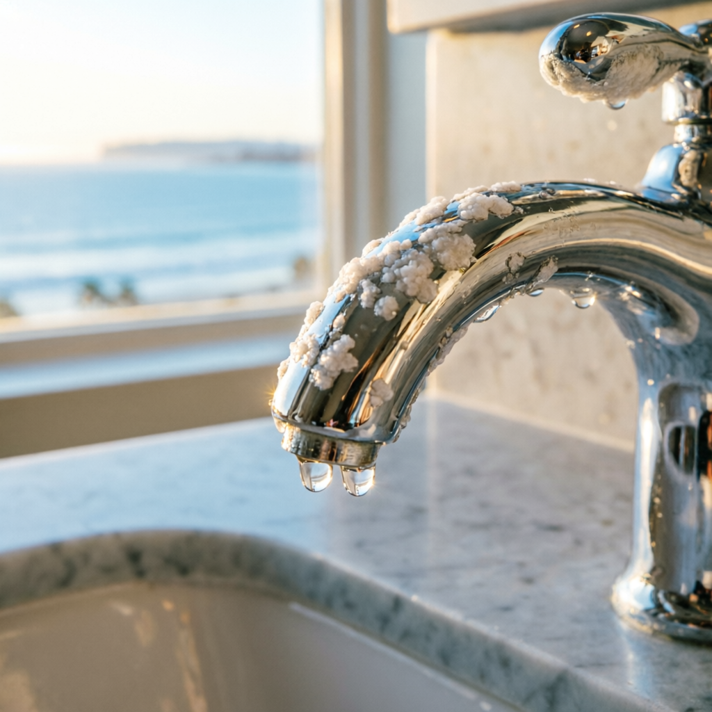 Hard water mineral deposits on a San Diego coastal home faucet