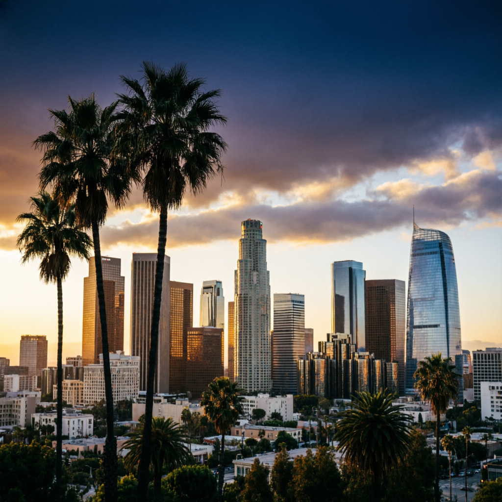 Los Angeles downtown skyline at dusk
