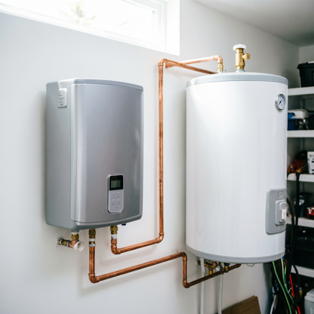 Tankless water heater next to traditional tank water heater comparison