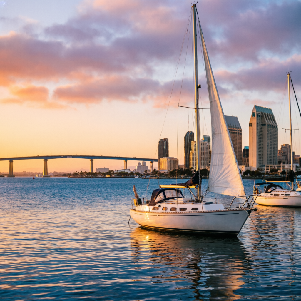 San Diego harbor skyline at golden hour