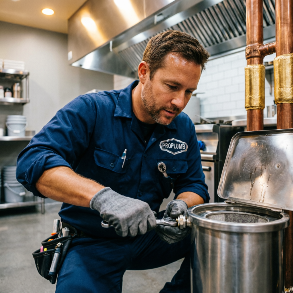 Pacific Line technician servicing a commercial restaurant grease trap in Los Angeles