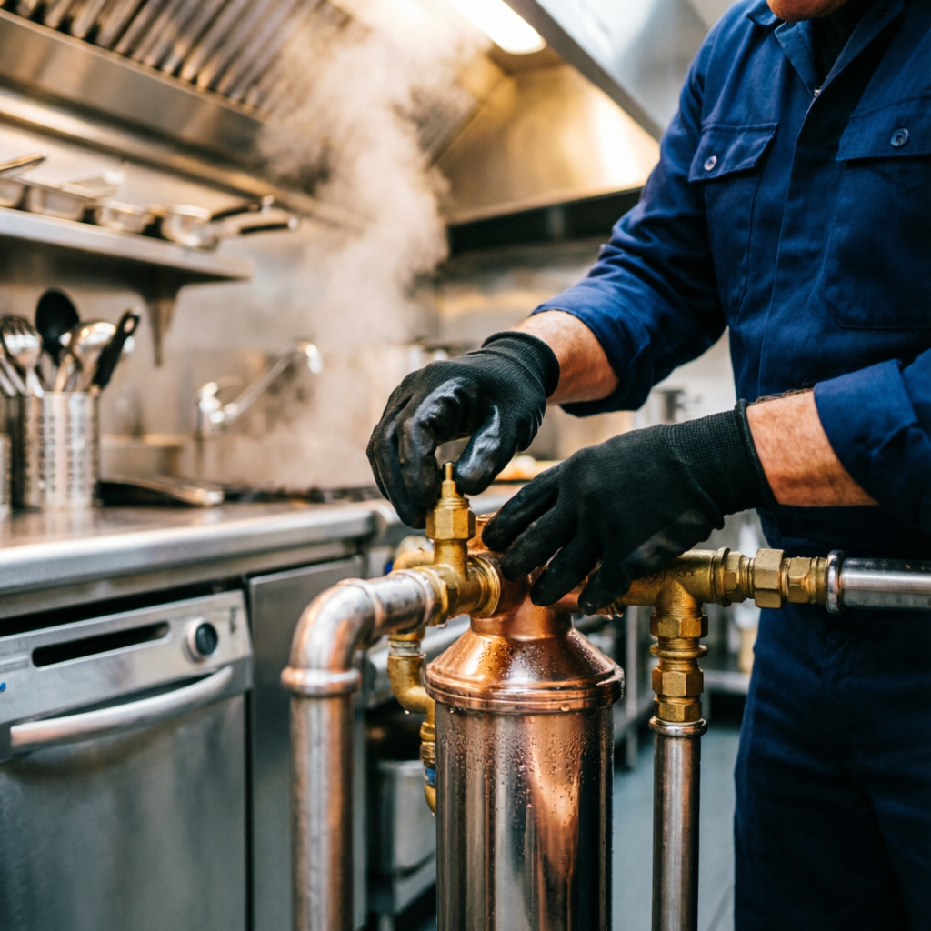 Pacific Line technician servicing a commercial restaurant grease trap