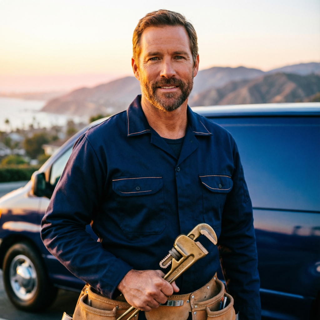 Pacific Line Plumbing founder standing beside a branded service truck at golden hour in Southern California