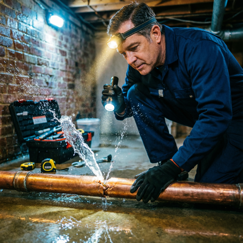 Pacific Line emergency technician responding to a burst pipe at night