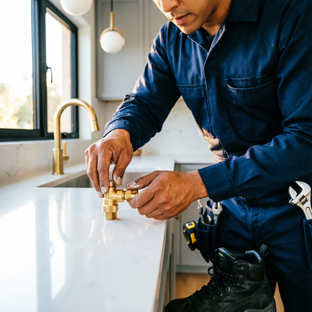 Pacific Line technician installing a kitchen faucet in a California home