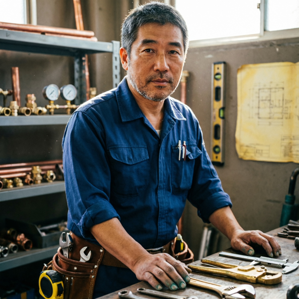 Marcus Chen, founder of Pacific Line Plumbing Co., in his Los Angeles workshop