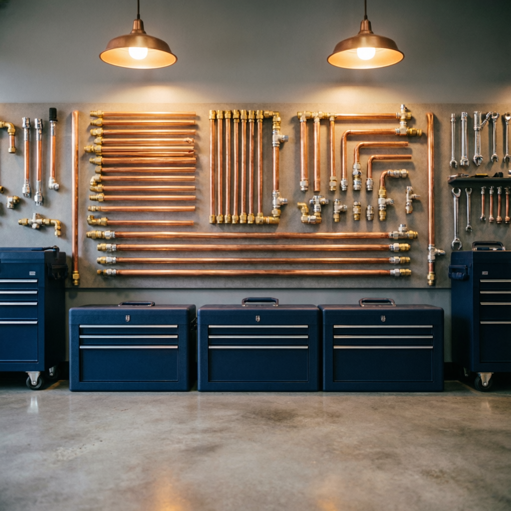 Inside the Pacific Line Plumbing workshop with organized copper pipes and professional tool wall