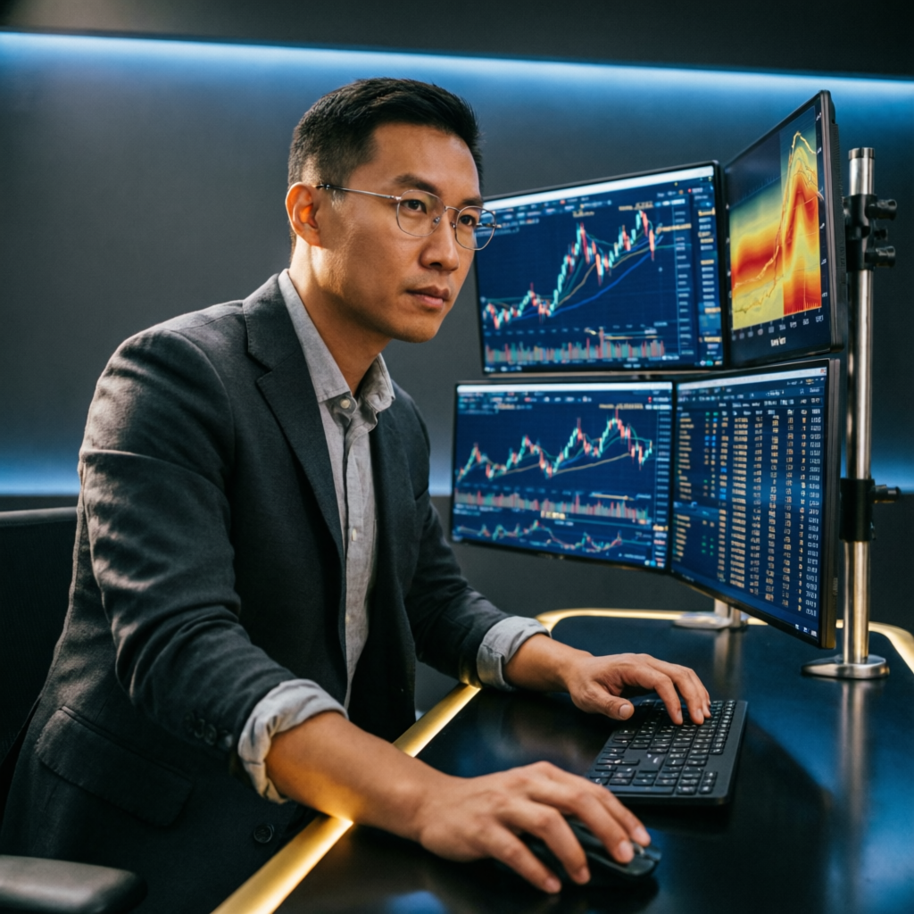 Professional forex trader with multiple monitors